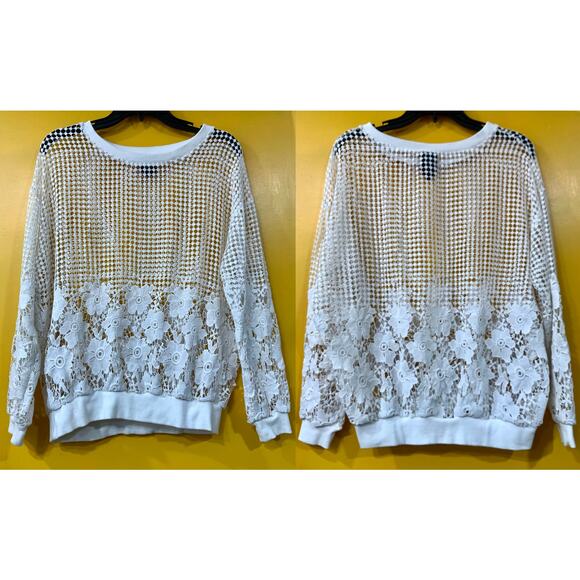 Bobeau White Floral Crochet Sheer Pullover Sweater | M - Picture 5 of 6